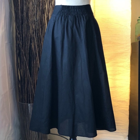 Flowy Black Cotton Linen Blend Midi Skirt, M - Picture 5 of 12